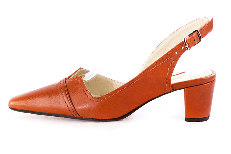 Clementine orange women's slingback shoes. Tapered toe. Medium block heels. Profile view - Florence KOOIJMAN